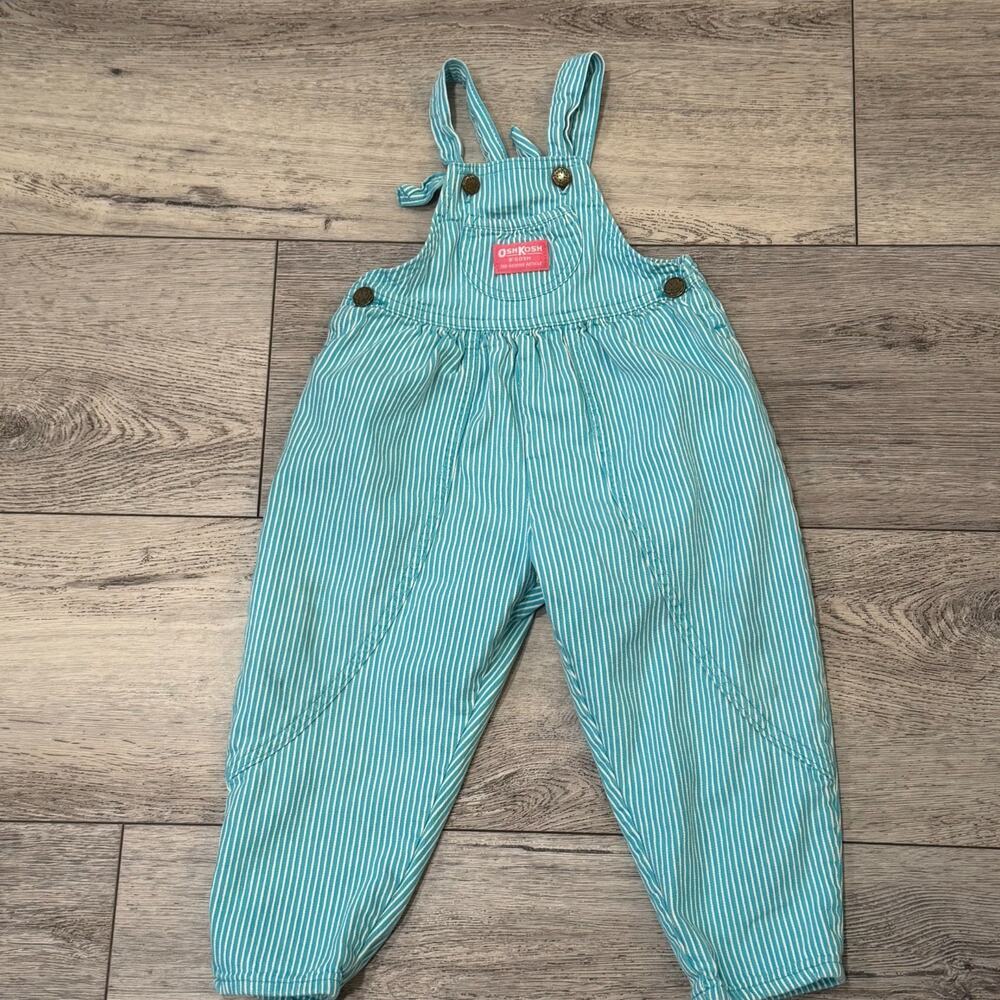 Vintage 90's OshKosh B'gosh Striped Size 4T Vestbak Overalls Blue Pink USA y2k